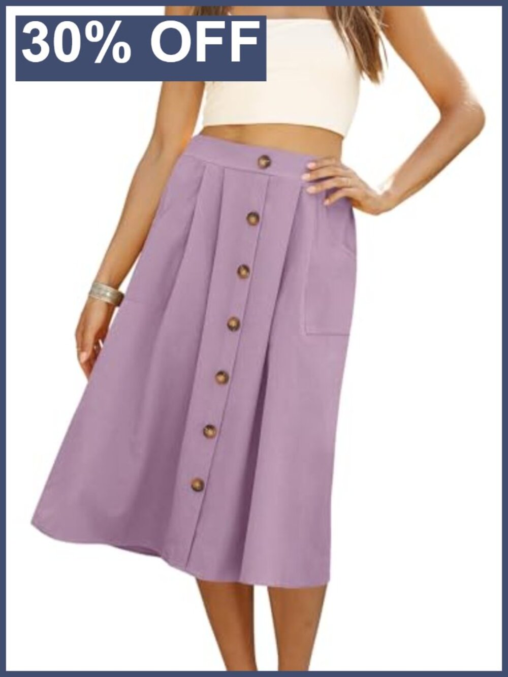 Womens A-Line Midi Skirt Front Button High Waisted Pockets Casual